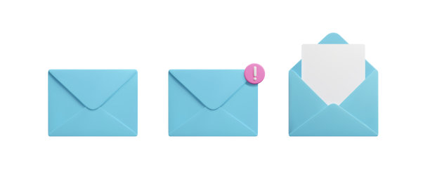 蓝色3d邮件信封与新消息标志通知隔离在白色背景上。可爱的3d电子邮件字母矢量图标集渲染。商务沟通函件，垃圾邮件收件箱通知。图片下载