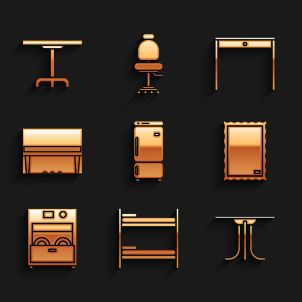 设置冰箱，双层床，圆桌，图片，厨房洗碗机，三角钢琴，木制和图标。向量图片下载