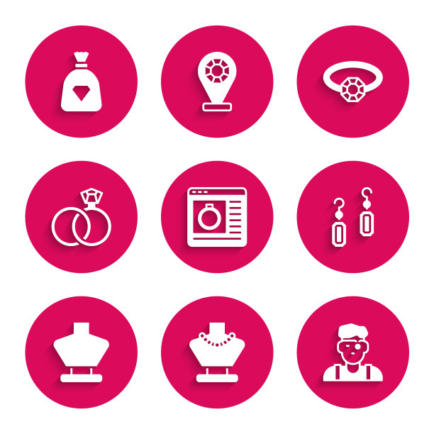 集珠宝网上购物，项链人体模型，珠宝商，耳环，婚礼，钻石订婚和包与宝石图标。向量图片下载