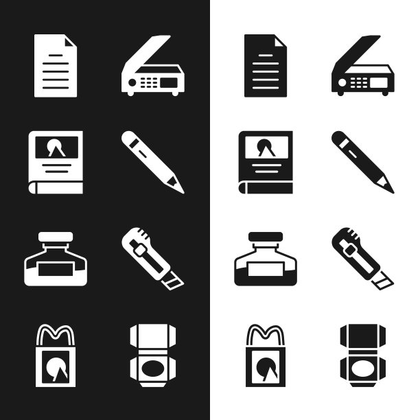 集铅笔与橡皮擦，相册画廊，文件文件，扫描仪，墨水瓶，文具刀，纸箱纸箱和纸购物袋图标。向量图片下载