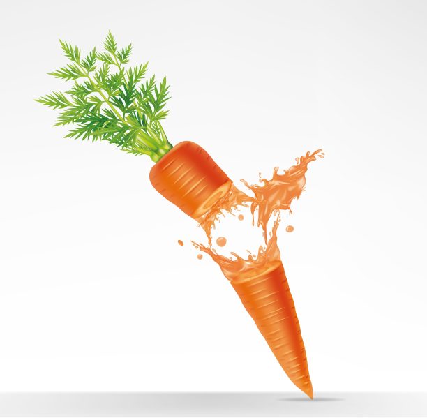 现实胡萝卜与果汁飞溅孤立的背景，矢量插图图片下载