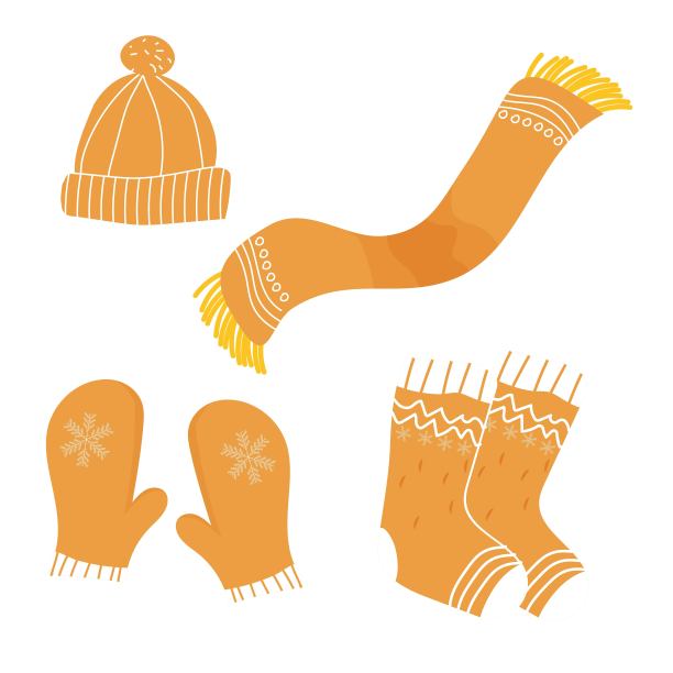 一套温暖的冬季针织衣服帽子，手套，袜子和围巾装饰自由的手装饰，斯堪的纳维亚风格孤立在白色的背景。时尚设计元素集合。图片下载