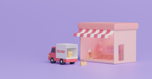 网上购物和电子商务配送概念。现代服装商店以包裹箱为送货运输卡车背景。3D渲染图。图片下载