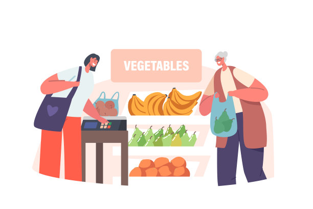 快乐的高级妇女与购物袋站在货架与产品在商店，年轻的女性性格帮助老太太图片下载