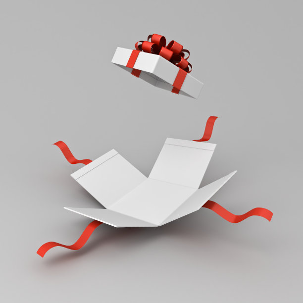 打开白色的礼物盒或礼盒与红丝带和蝴蝶结隔离在白色灰色的背景与阴影最小的概念3D渲染图片下载