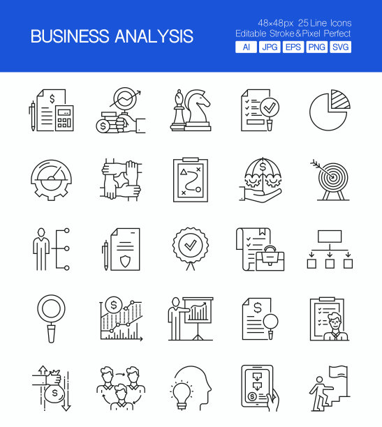 业务分析细线矢量图标集。设计是可编辑的，颜色可以改变。创意图标矢量集:项目管理，目标，文档，头脑风暴，流程图图片下载