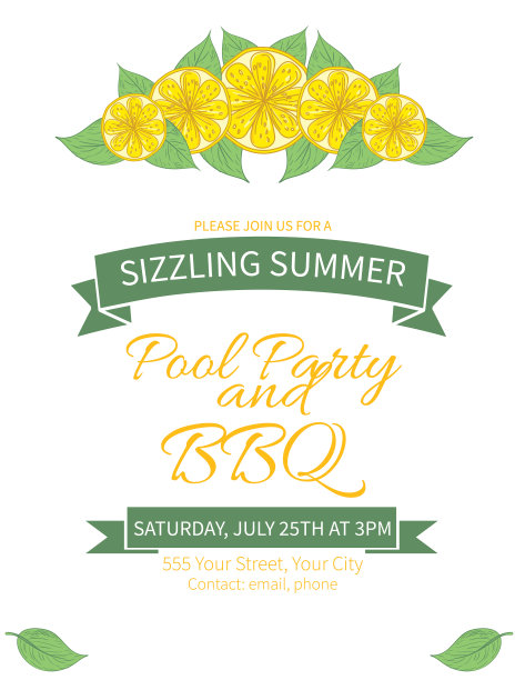 夏日派对邀请模板与柠檬和树叶图片下载