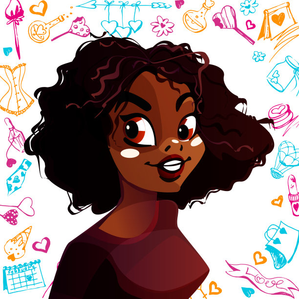 从一个年轻女孩的卡通风格的生活激动人心的时刻。一个年轻美丽的非裔美国女孩的半长肖像在一个孤立的白色背景与徒手画。图片下载