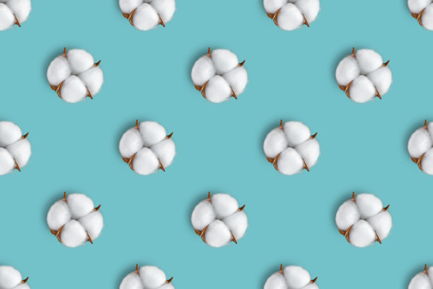 蓝色背景上的棉花图案。俯视图，平铺图片下载