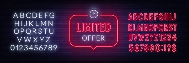 有限提供霓虹灯在砖墙背景上的语音气泡。白色和红色的霓虹字母。图片下载
