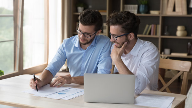 积极投入的双胞胎兄弟为家族企业项目工作图片下载