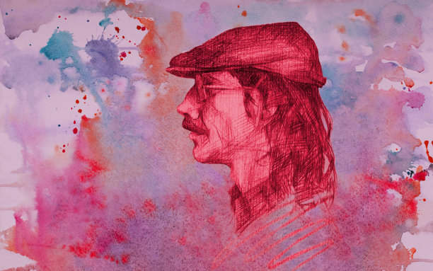 插图水彩肖像的一个年轻男子的长头发和胡子的背景在红色的胡子图片下载