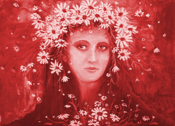 插图艺术油画在黑褐色的肖像一个年轻女子长发在乌克兰民族服装图片下载