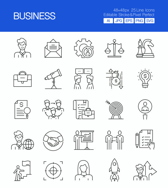 业务细线矢量图标集。设计是可编辑的，颜色可以改变。创意图标的向量集:合作，战略，服务，营销，协议，投资图片下载