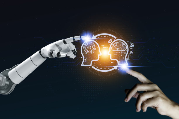 人工智能、机器学习、机械手、人机触摸全球虚拟Icon，代表人工智能大脑与人类的交流。人类思想的交流网络技术连接。图片下载