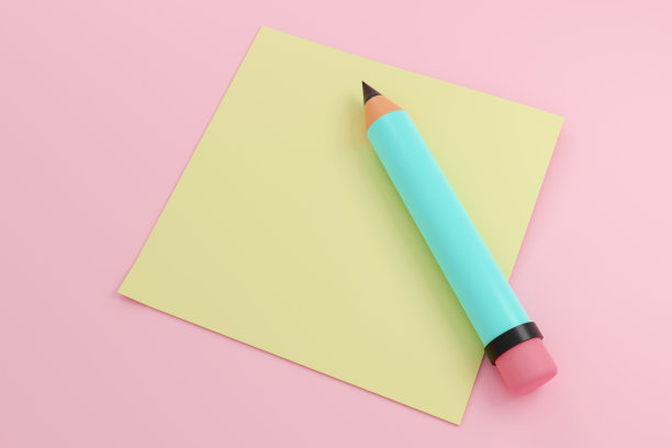 各种学校用品的3D插图蓝色铅笔和黄色纸条图片下载