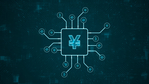 蓝色数字货币标志和未来主义HUD技术电路板，货币图标和数据传输在抽象背景加密货币金融和数字货币概念图片下载