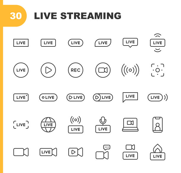 直播线图标。可编辑的中风。包含现场，网络流媒体，视频流媒体，广播，播客，电视，体育，设备屏幕，电影和电影，社交媒体，影响者，设备屏幕等图标。图片下载