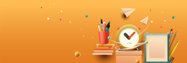 返校横幅。学校工作空间与学校文具，橙色背景。矢量图图片下载