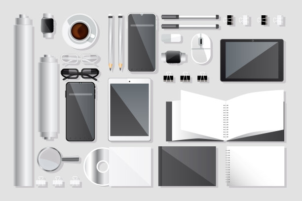 扁平风格的商业、创意和战略概念。移动设备与文具密度在一个彩色中性背景上的平面风格。图片下载