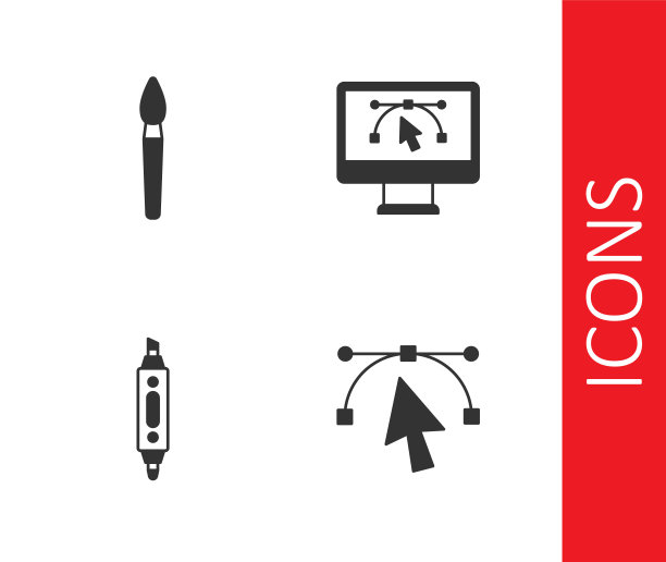 设置贝塞尔曲线，画笔，记号笔和计算机与设计程序图标。向量图片下载