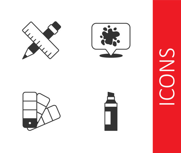 设置标记笔，十字尺子和铅笔，调色板指南和油漆喷雾图标。向量图片下载