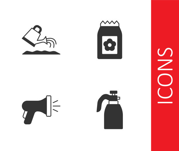 设置花园喷雾器的水，浇水罐，软管和包满种子的图标。向量图片下载