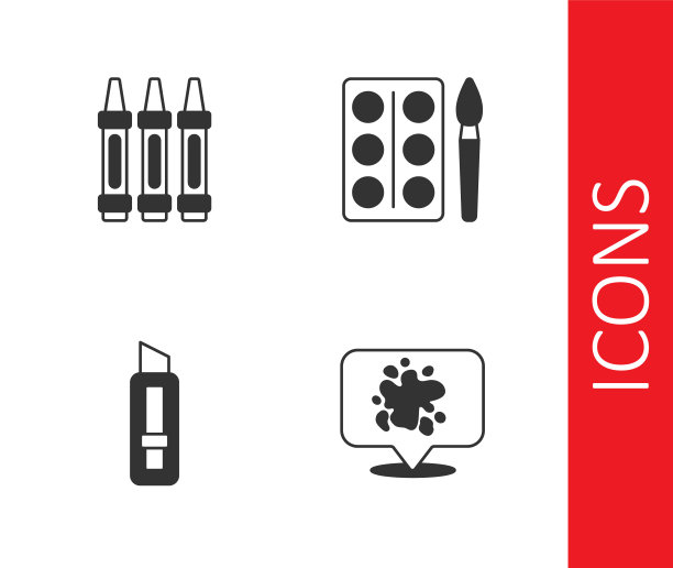 集喷漆，蜡笔绘图，文具刀和水彩颜料盒图标。向量图片下载