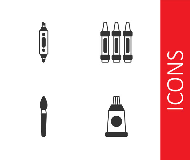 设置管与调色板，记号笔，画笔和蜡笔绘制图标。向量图片下载