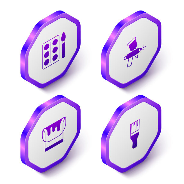 设置等距水彩颜料盒，油漆喷枪，桶和画笔图标。紫色六边形按钮。向量图片下载