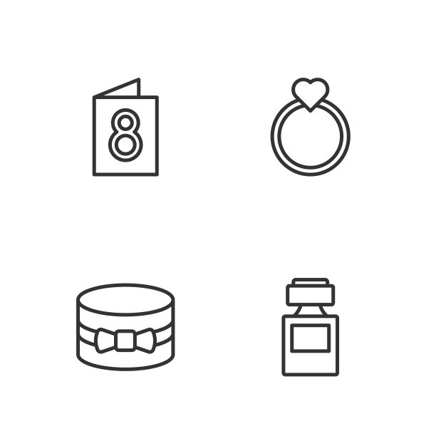 集线香水，礼盒和心脏，贺卡与3月8日和钻石订婚戒指图标。向量图片下载