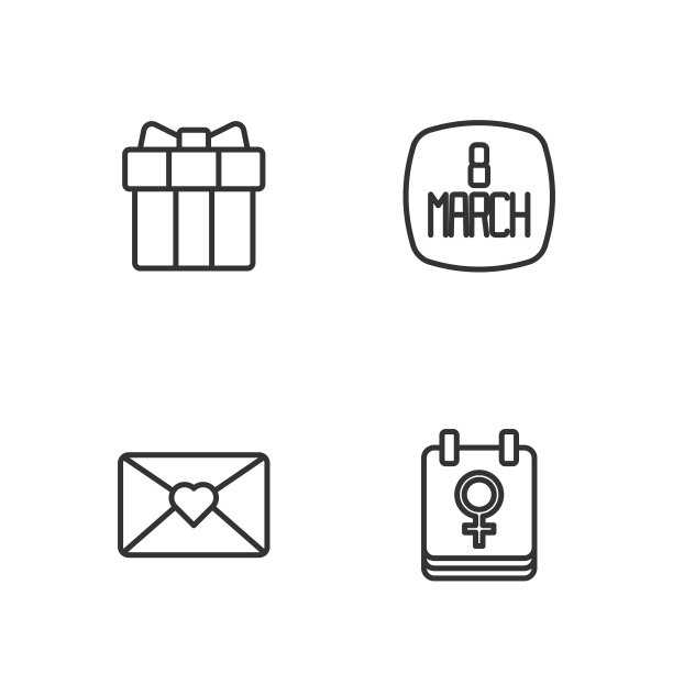 设置线日历与3月8日，信封，礼盒和心形和图标。向量图片下载