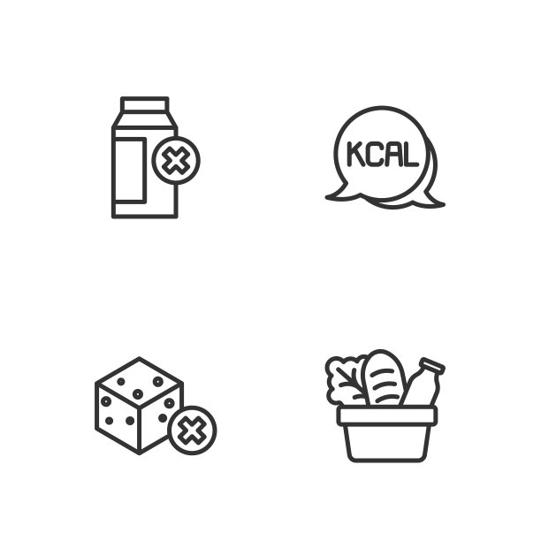 购物袋和食物，无糖，乳糖不耐症和卡路里图标。向量图片下载