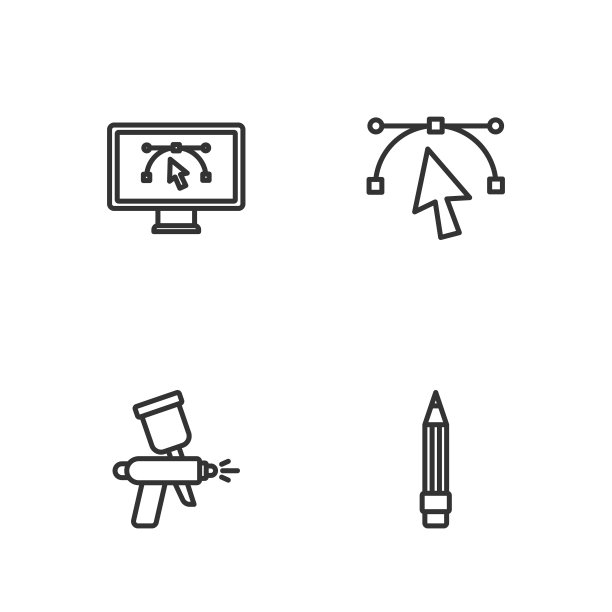 设置线铅笔与橡皮擦，油漆喷枪，计算机设计程序和贝塞尔曲线图标。向量图片下载