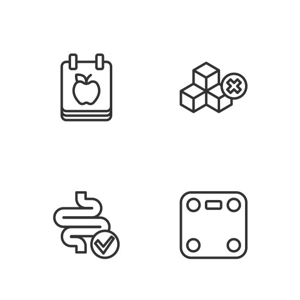 设置浴室秤，肠子，饮食计划和无糖图标。向量图片下载