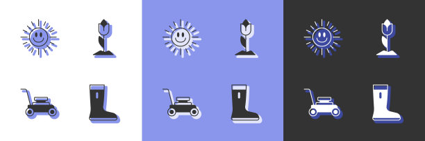 集防水橡胶靴，太阳，割草机和花郁金香图标。向量图片下载