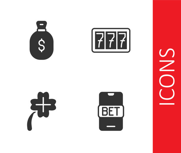 设置在线体育博彩，钱袋，赌场老虎机与三叶草和老虎机头奖图标。向量图片下载
