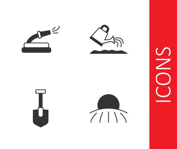 设置日出，花园软管，铲子和洒水罐图标。向量图片下载