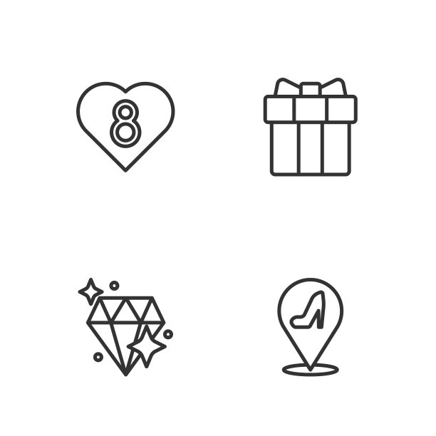套装线女鞋，钻石，心与8三月和礼盒和心脏图标。向量图片下载