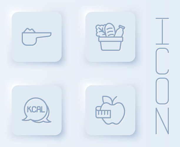 运动营养蛋白，购物袋和食品，卡路里和苹果卷尺。白色方形按钮。向量图片下载