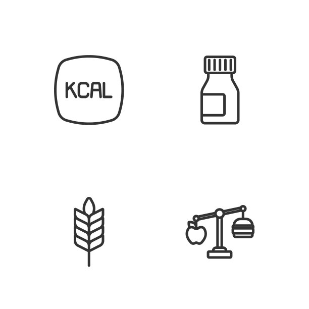 设置线卡路里计算器，小麦，卡路里和维生素图标。向量图片下载