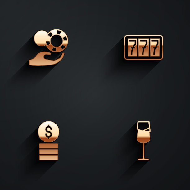集手握赌场筹码，老虎机与头奖，赌场美元和葡萄酒玻璃图标与长阴影。向量图片下载