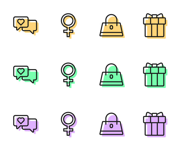 设置线手袋，心在言语泡泡，女性性别符号和礼盒心图标。向量图片下载