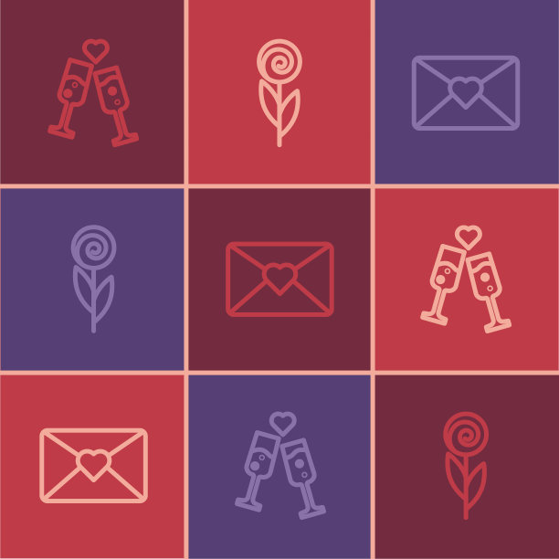 设置线香槟杯，信封与3月8日和花的图标。向量图片下载