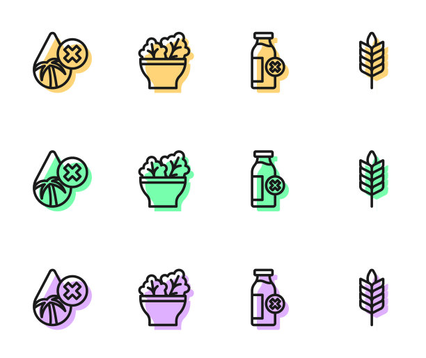 设置线乳糖不耐症，棕榈油无，沙拉碗和小麦图标。向量图片下载