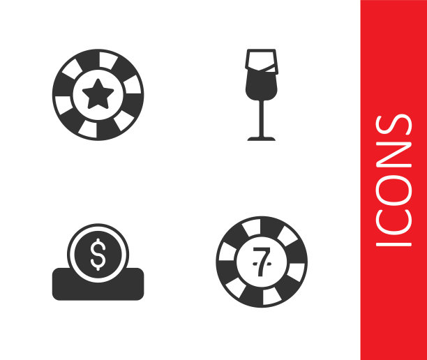 设置赌场筹码，硬币钱与美元和酒杯图标。向量图片下载
