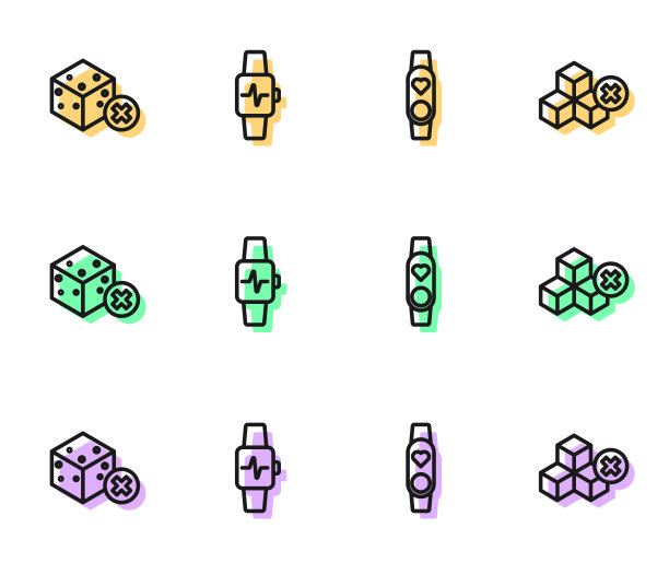 设置线智能手表与心脏，无糖，和图标。向量图片下载