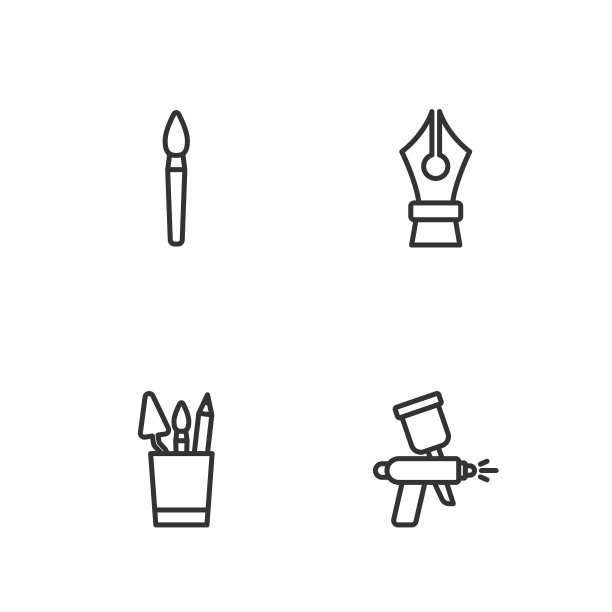 设置线油漆喷枪，铅笔盒文具，画笔和钢笔笔尖图标。向量图片下载