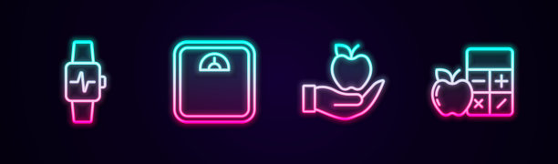 设置智能手表，心脏，浴室秤，苹果和卡路里计算器。发光的霓虹灯图标。向量图片下载