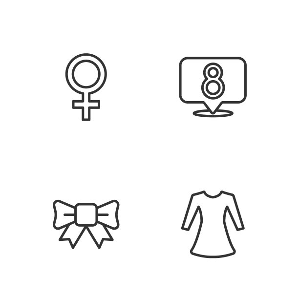 套装线女性服装，礼物蝴蝶结，女性性别符号和3月8日图标。向量图片下载